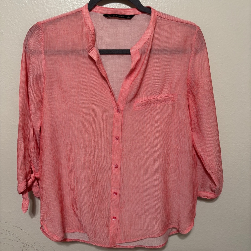 Zara Woman’s Basic Pink Striped Lightweight Button Down Shirt Pink Salmon